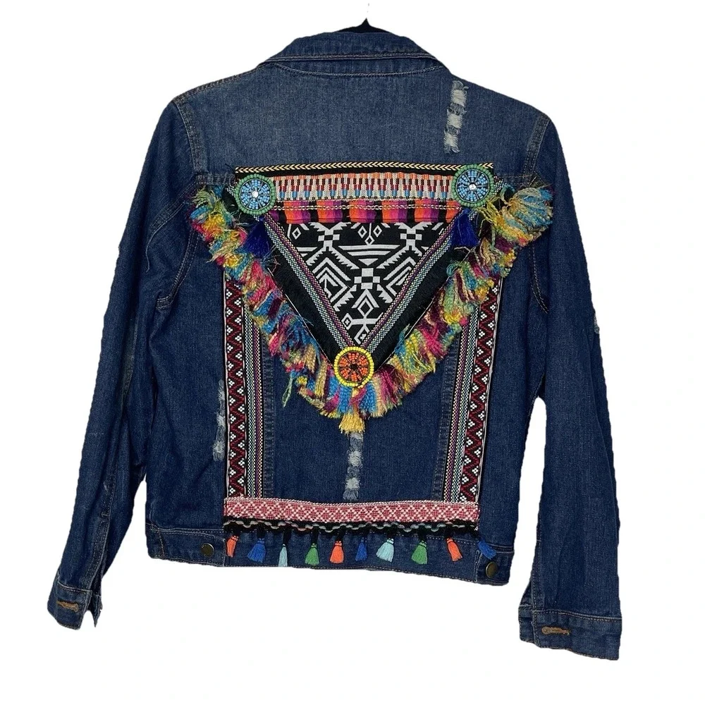 Boho Embroidered Tassel Denim Jacket Festival Tribal Fringe Jean Jacket Womens S